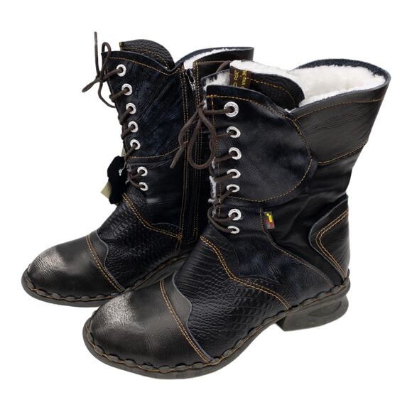 TMA EYES Black Croc Embossed Leather Winter Combat Boots 9.5 Women's - Picture 1 of 13